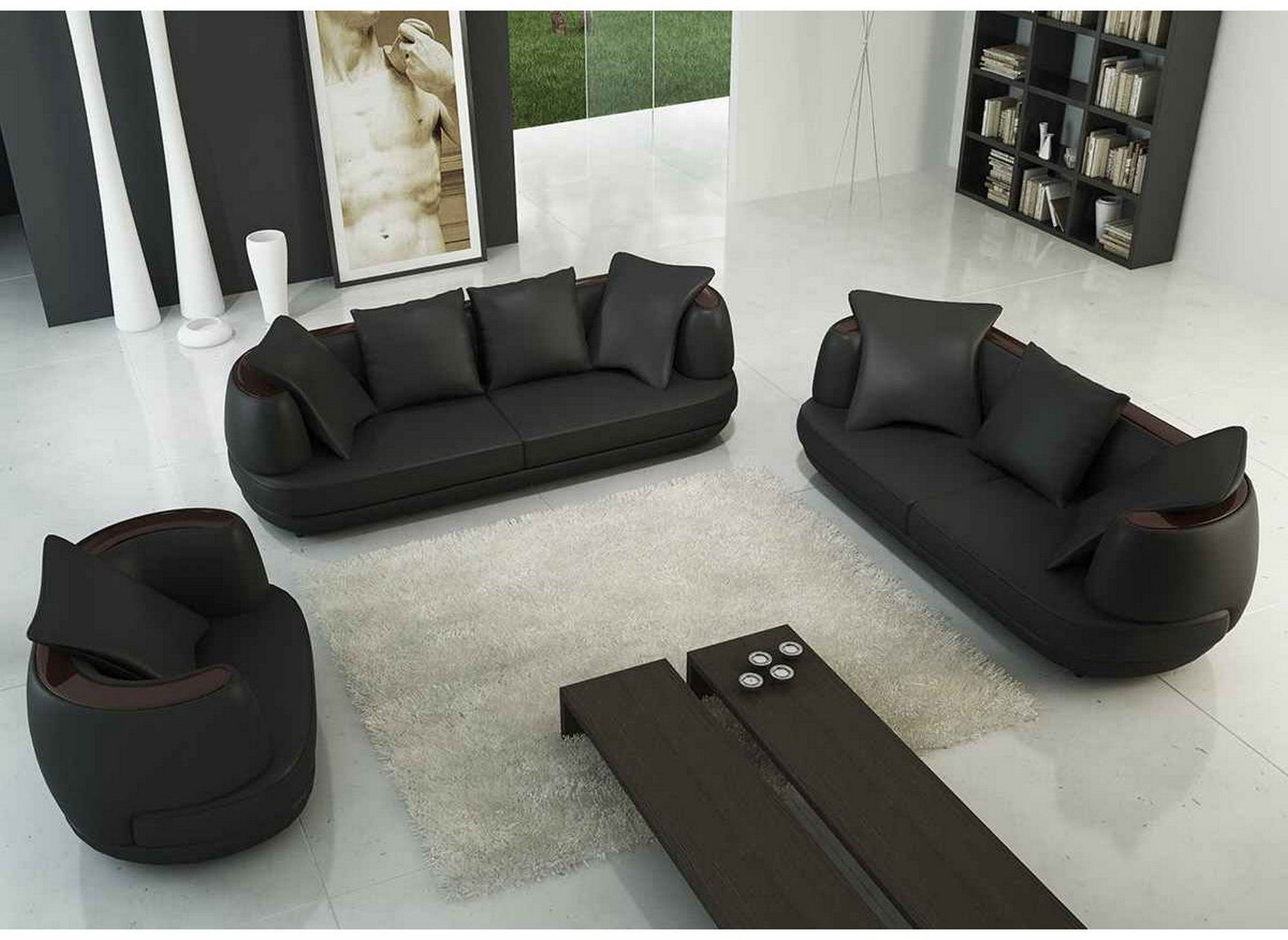 Deco in paris ensemble canape 3 2 1 places noir en cuir ryga ...
