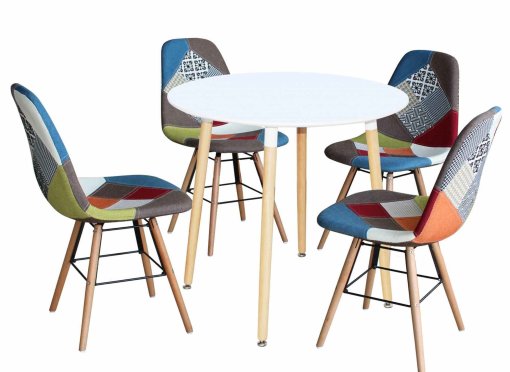 Ensemble table ronde RIMMA + 4 chaises patchwork scandinaves