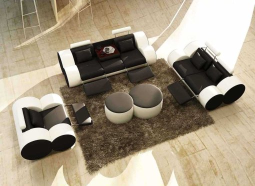 Ensemble canapé design 3+2+1 place en cuir noir et blanc ROMA