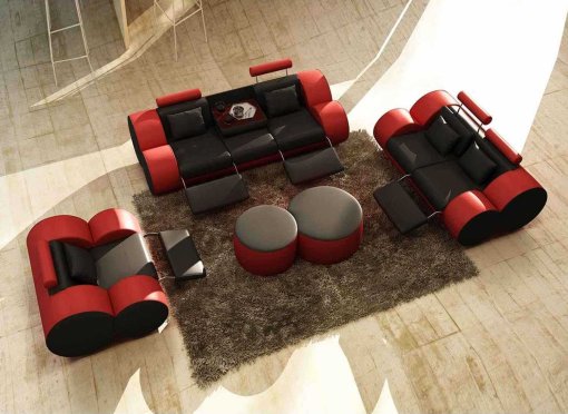 Ensemble canapé design 3+2+1 place en cuir noir et rouge ROMA