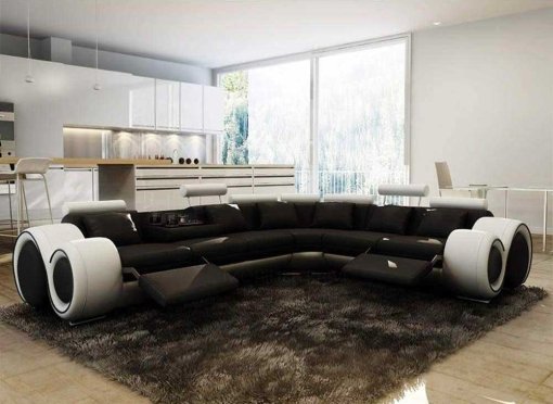 Canapé d'angle cuir noir et blanc + positions relax OSLO - Angle Droit