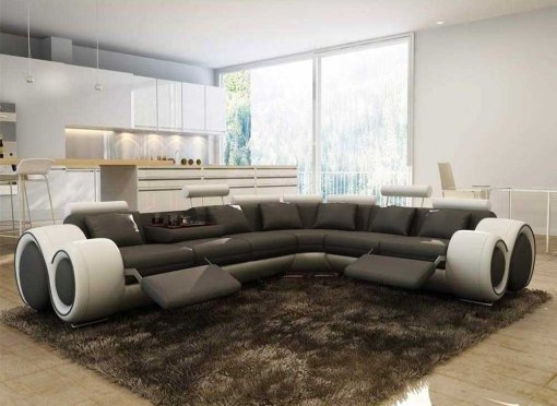 Canapé d'angle cuir gris et blanc + position relax OSLO - Angle Droit