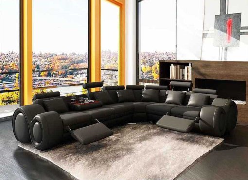 Canapé d'angle cuir noir + positions relax OSLO - Angle Droit