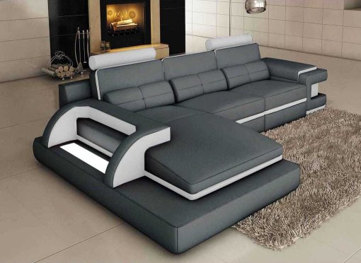 Canapé d'angle cuir gris et blanc design avec lumière IBIZA (angle gauche)