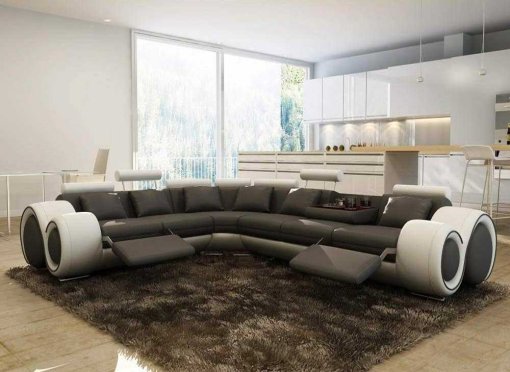 Canapé d'angle cuir gris et blanc + positions relax OSLO - Angle Gauche