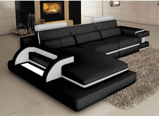 Canapé d'angle cuir noir et blanc design avec lumière IBIZA (angle gauche)