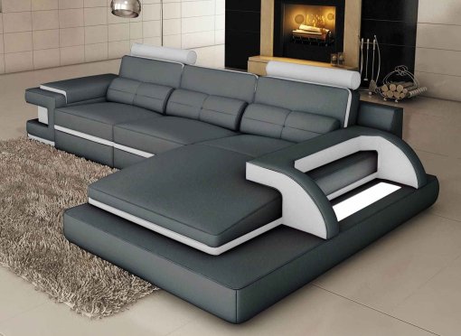 Canapé d'angle cuir gris et blanc design avec lumière IBIZA - Angle Droit