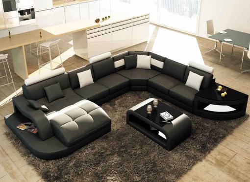 Canapé d'angle panoramique en cuir noir et blanc ISTANBUL - Angle Gauche