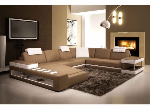 Canapé d'angle panoramique en cuir marron et blanc MARCUS - Angle Gauche