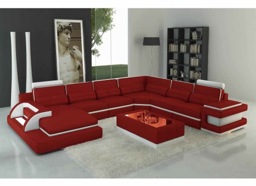 Canapé panoramique cuir rouge et blanc design avec lumière IBIZA PANORAMIQUE (ANGLE GAUCHE)
