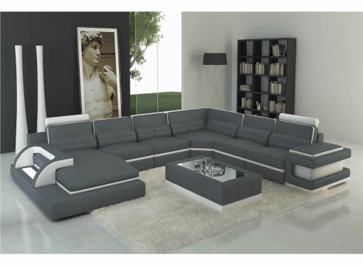 Canapé panoramique cuir gris et blanc design avec lumière IBIZA PANORAMIQUE - Angle Gauche