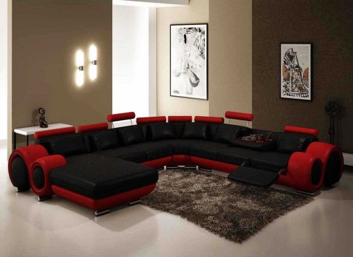 Canapé panoramique cuir noir et rouge OSLO - Angle Gauche