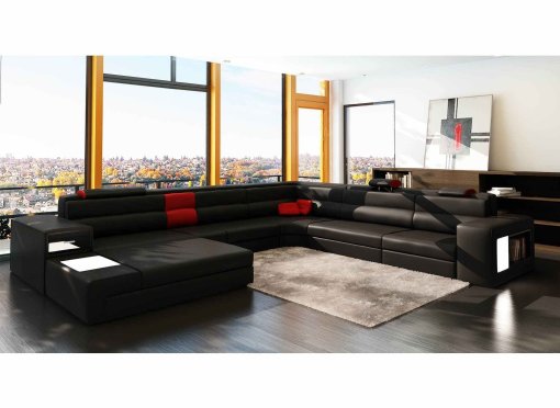 Canapé panoramique cuir angle gauche noir et rouge VENISE