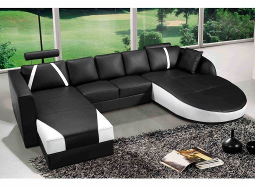 Canapé d'angle panoramique cuir noir et blanc SONIA