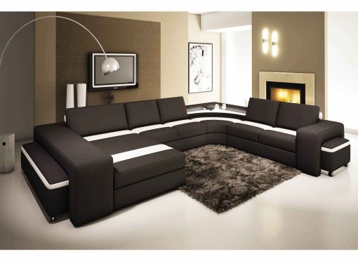 Canapé panoramique cuir noir et blanc avec lumière intégré ALYA - Angle Gauche