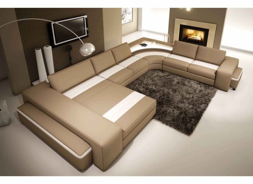 Canapé d'angle panoramique en cuir marron et blanc avec lumière intégré ALYA - Angle Gauche
