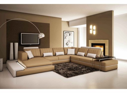 Canapé d'angle panoramique cuir marron et blanc CASTLE - Angle Gauche