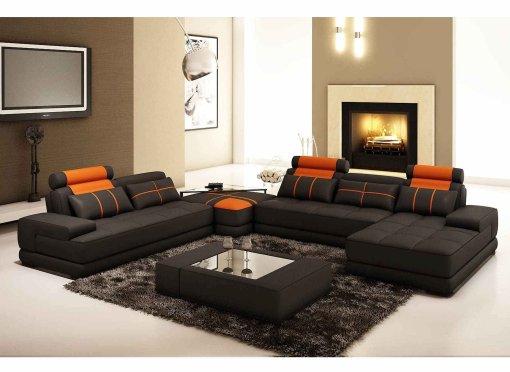 Canapé d'angle panoramique design en cuir noir et orange ALIX - Angle Droit