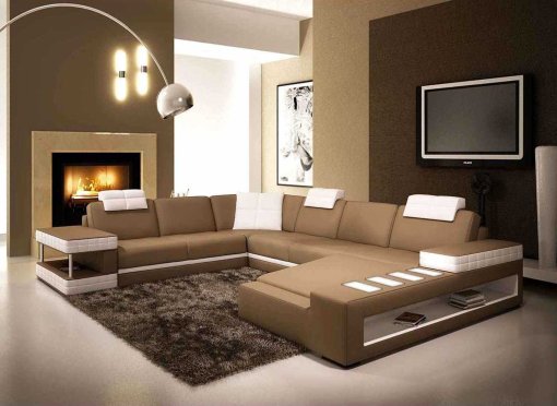Canapé d'angle panoramique en cuir marron et blanc MARCUS - Angle Droit
