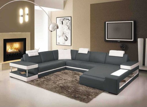 Canapé d'angle panoramique en cuir gris et blanc MARCUS - Angle Droit
