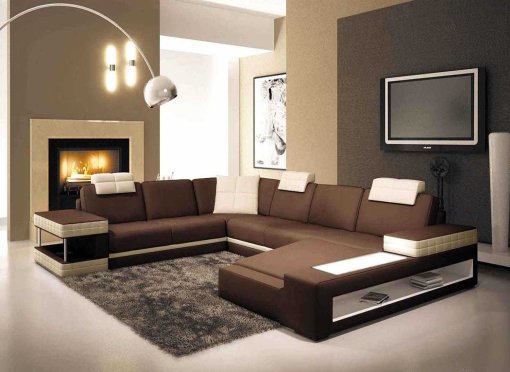 Canapé d'angle design panoramique en cuir marron et beige MARCUS - Angle Droit