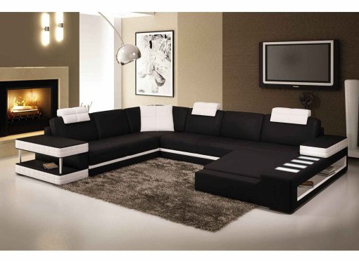 Canapé d'angle panoramique en cuir noir et blanc MARCUS (droit)