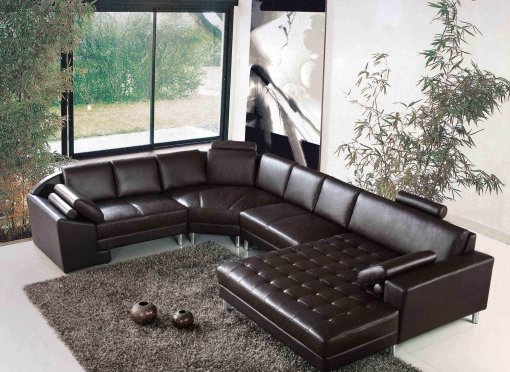 Canapé d'angle panoramique en cuir marron HOUSTON - Angle Droit