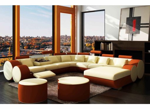 Canapé panoramique cuir beige et orange ROMA