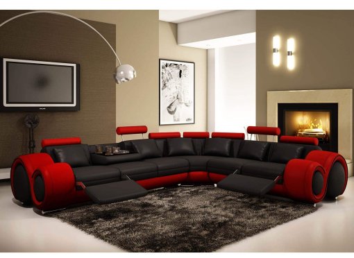 Canapé d'angle cuir noir et rouge + positions relax OSLO - Angle Droit