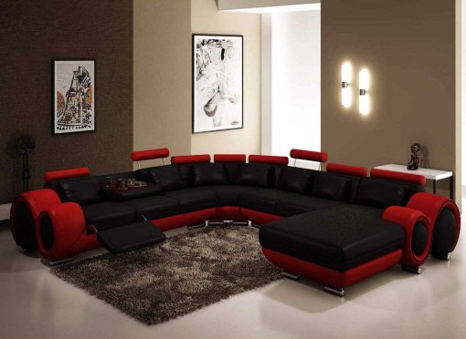 Canapé panoramique cuir noir et rouge OSLO - Angle Droit