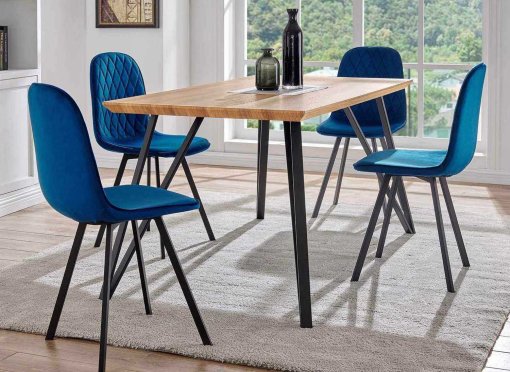 Ensemble table à manger en bois + 4 chaises en velours bleu KEVAN