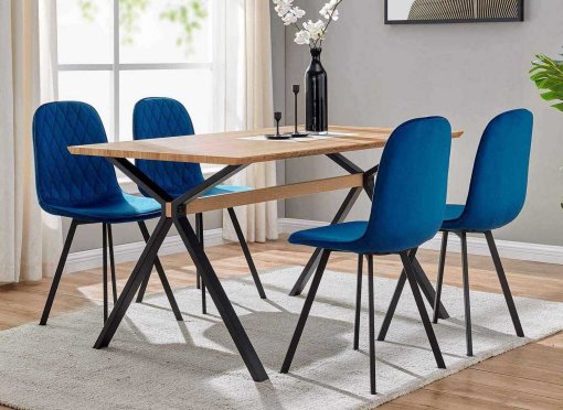 Ensemble table à manger en bois + 4 chaises en velours bleu AMBRE