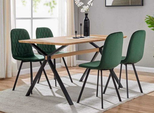 Ensemble table à manger en bois + 4 chaises en velours vert AMBRE