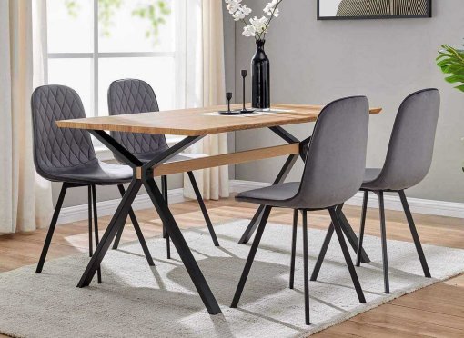 Ensemble table à manger en bois + 4 chaises en velours gris AMBRE