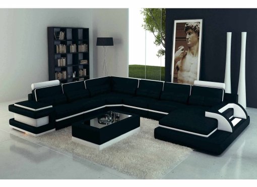 Canapé panoramique cuir noir et blanc design avec lumière IBIZA PANORAMIQUE (ANGLE DROIT)