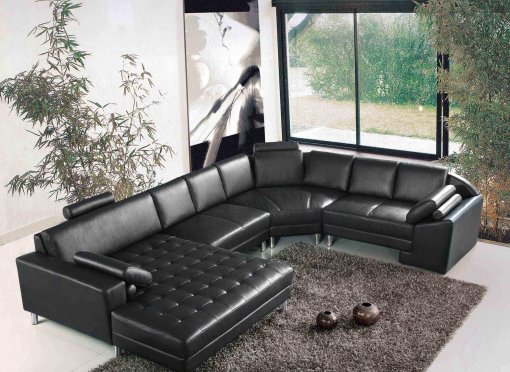 Canapé d'angle panoramique en cuir noir HOUSTON - Angle Gauche