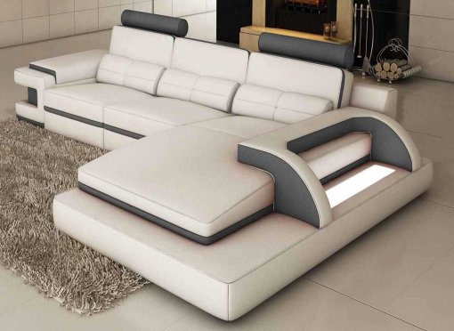 Canapé d'angle design cuir blanc et gris avec lumière IBIZA - Angle Droit