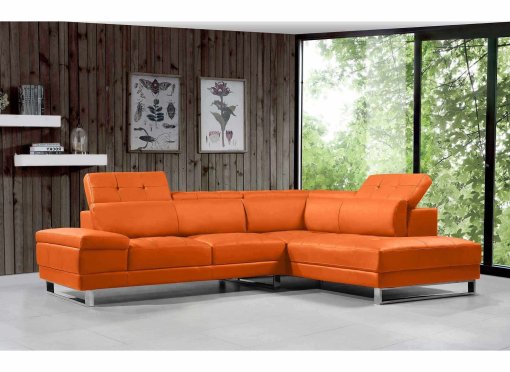 Canapé d'angle cuir orange capitonné + têtières relevable FIONA - Angle Droit