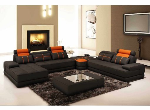 Canapé d'angle panoramique design en cuir noir et orange ALIX - Angle Gauche