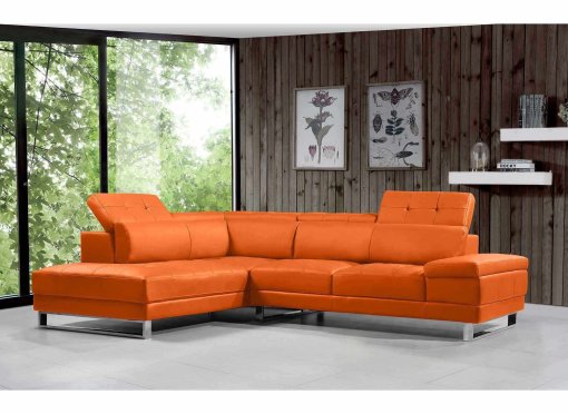 Canapé d'angle cuir orange capitonné + têtières relevable FIONA - Angle Gauche