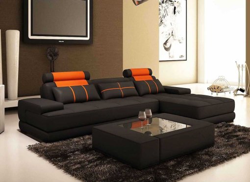Canapé d'angle cuir noir et orange ALIX II - Angle Droit