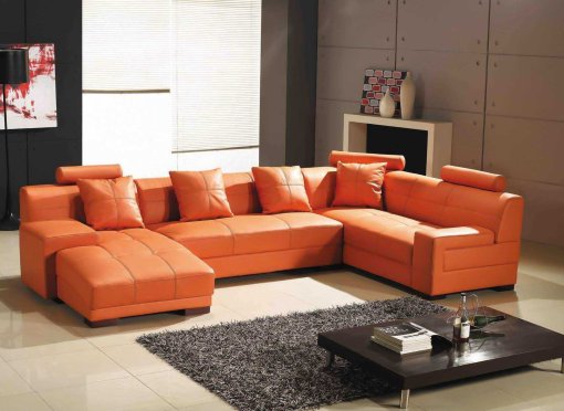 Canapé d'angle panoramique en cuir orange MODENA - Angle Gauche