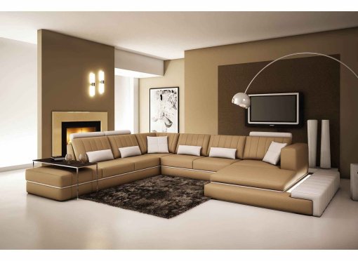 Canapé d'angle panoramique cuir marron et blanc CASTLE - Angle Droit