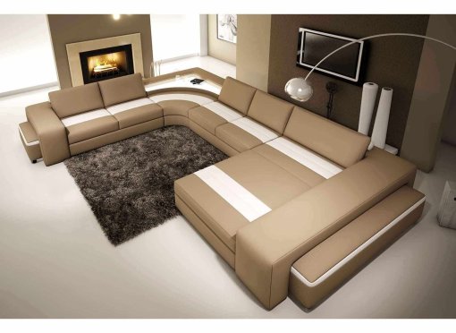 Canapé d'angle panoramique en cuir marron et blanc avec lumière intégré ALYA - Angle Droit
