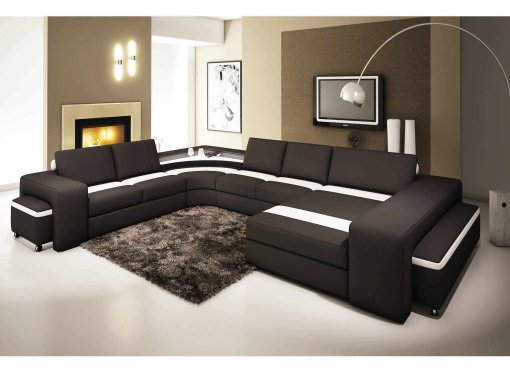 Canapé panoramique cuir noir et blanc avec lumière intégré ALYA - Angle Droit