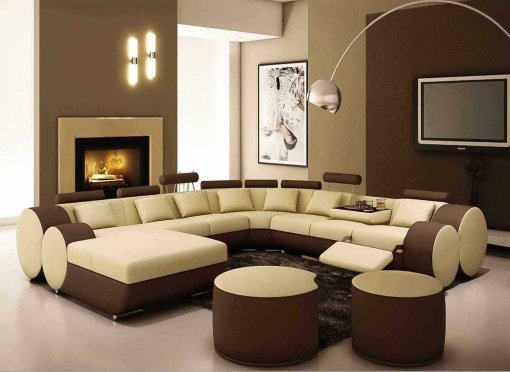 Canapé panoramique cuir beige et marron ROMA - Angle Gauche