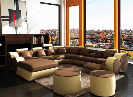 Canapé panoramique cuir marron et beige ROMA - Angle gauche