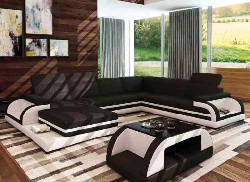 Canapé panoramique en cuir noir et blanc design BALI PANORAMIQUE - Angle Gauche