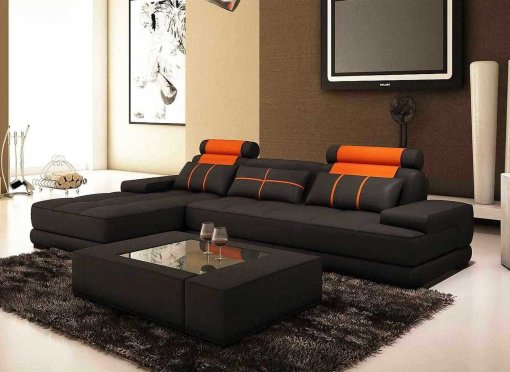 Canapé d'angle cuir noir et orange ALIX II - Angle Gauche