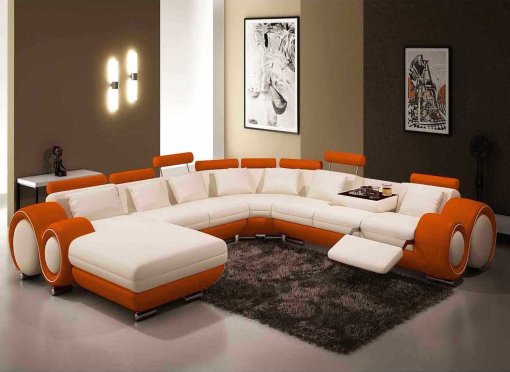 Canapé panoramique cuir blanc et orange OSLO - Angle Gauche